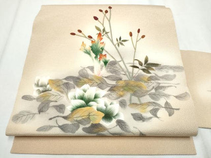平和屋着物●九寸名古屋帯 作家物 手描き 草花文 鬼しぼ縮緬 正絹 逸品 CABC5254hy