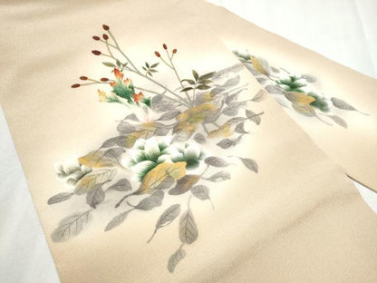 平和屋着物●九寸名古屋帯 作家物 手描き 草花文 鬼しぼ縮緬 正絹 逸品 CABC5254hy