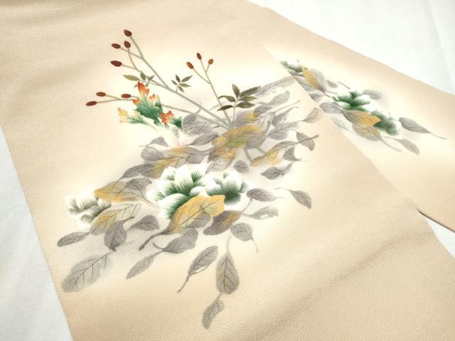 平和屋着物●九寸名古屋帯 作家物 手描き 草花文 鬼しぼ縮緬 正絹 逸品 CABC5254hy