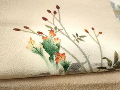 平和屋着物●九寸名古屋帯 作家物 手描き 草花文 鬼しぼ縮緬 正絹 逸品 CABC5254hy