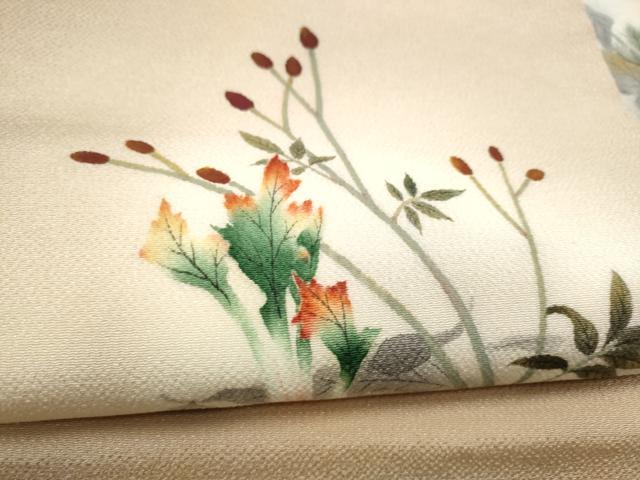 平和屋着物●九寸名古屋帯 作家物 手描き 草花文 鬼しぼ縮緬 正絹 逸品 CABC5254hy