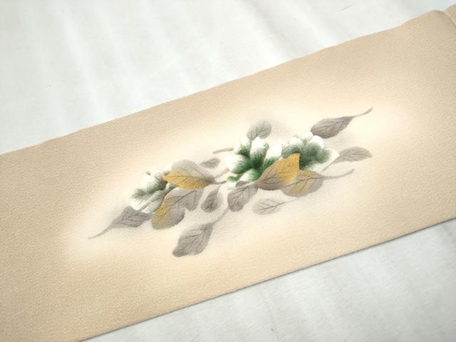 平和屋着物●九寸名古屋帯 作家物 手描き 草花文 鬼しぼ縮緬 正絹 逸品 CABC5254hy