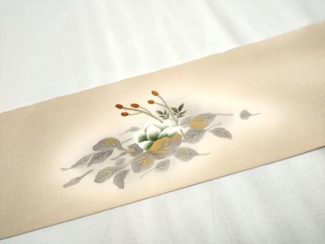平和屋着物●九寸名古屋帯 作家物 手描き 草花文 鬼しぼ縮緬 正絹 逸品 CABC5254hy