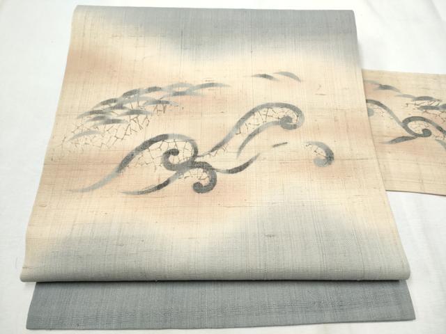 平和屋着物●九寸名古屋帯 生紬 立波芝草文 正絹 逸品 CABC5257hy