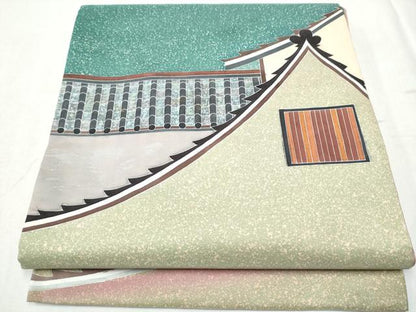 平和屋着物●両面 太鼓柄袋帯 本場大島紬地 風景文 正絹 逸品 CABC5275hy