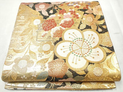 平和屋着物▼六通柄袋帯 地紙草花文 金糸 正絹 逸品 CABC5291hy