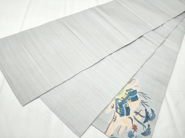 平和屋着物●太鼓柄袋帯 紬地 すくい織 風景草花文 正絹 逸品 CABC5294hy