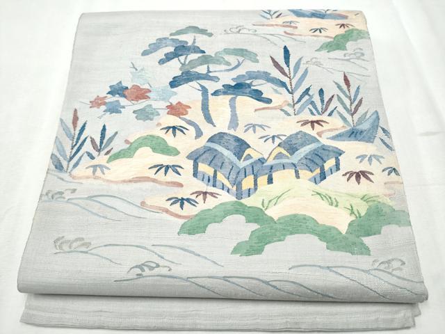 平和屋着物●太鼓柄袋帯 紬地 すくい織 風景草花文 正絹 逸品 CABC5294hy