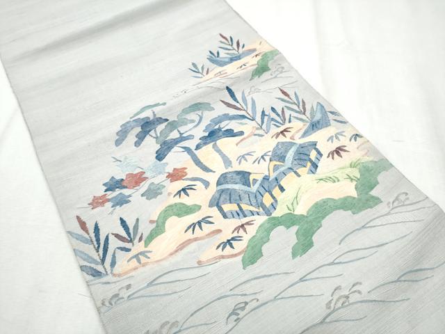 平和屋着物●太鼓柄袋帯 紬地 すくい織 風景草花文 正絹 逸品 CABC5294hy