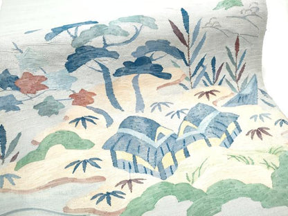平和屋着物●太鼓柄袋帯 紬地 すくい織 風景草花文 正絹 逸品 CABC5294hy