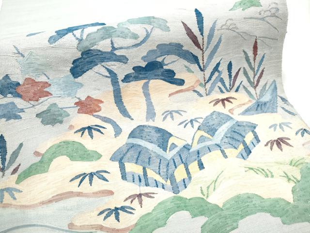 平和屋着物●太鼓柄袋帯 紬地 すくい織 風景草花文 正絹 逸品 CABC5294hy