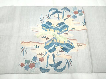 平和屋着物●太鼓柄袋帯 紬地 すくい織 風景草花文 正絹 逸品 CABC5294hy