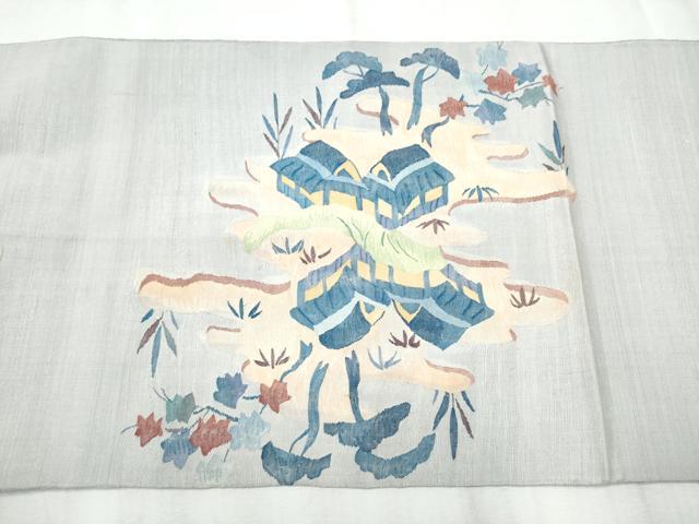 平和屋着物●太鼓柄袋帯 紬地 すくい織 風景草花文 正絹 逸品 CABC5294hy