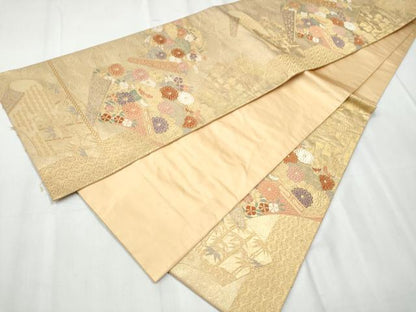 平和屋着物▼六通柄袋帯 唐織 色紙散らしに蒔絵文 金糸 正絹 逸品 CABC5296hy