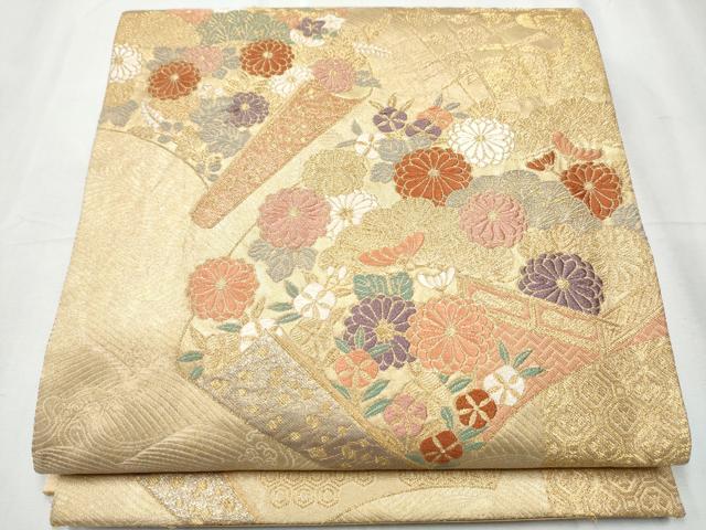 平和屋着物▼六通柄袋帯 唐織 色紙散らしに蒔絵文 金糸 正絹 逸品 CABC5296hy
