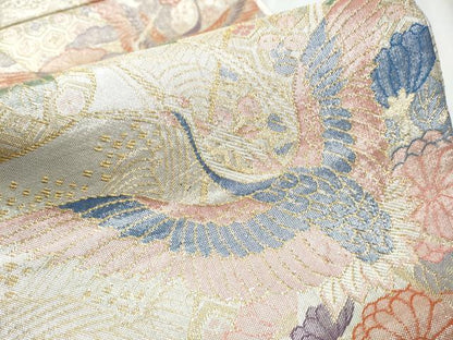 平和屋着物▼古典佐賀錦 六通柄袋帯 九百織 飛鶴花文 金糸 正絹 逸品 CABC5297hy