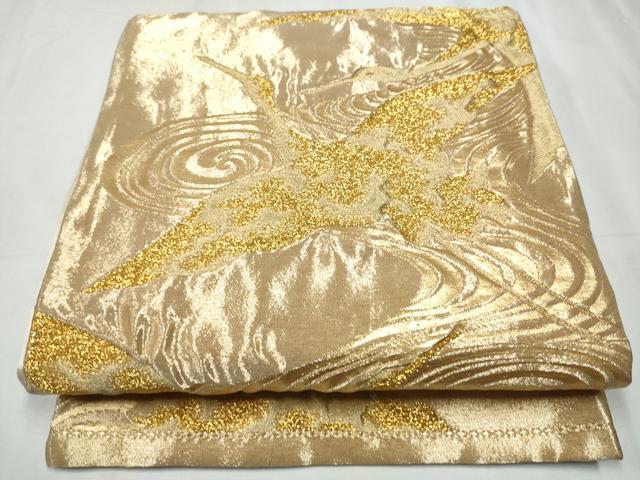 平和屋着物▼六通柄袋帯 ふくれ織 流水飛鶴文 金糸 正絹 逸品 CABC5303hy
