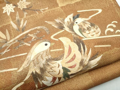 平和屋着物●みのむし工芸作家 草苑白水 太鼓柄袋帯 流水鴛鴦文 金彩 正絹 逸品 CABC5318hy
