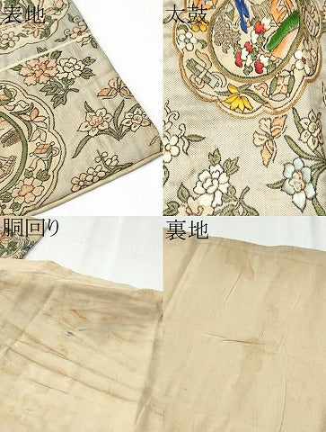 平和屋着物●アンティーク 大正ロマン 九寸名古屋帯 駒刺繍 絵皿花文 金糸 正絹 逸品 CABC5320hy