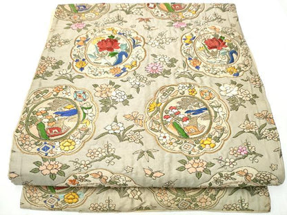 平和屋着物●アンティーク 大正ロマン 九寸名古屋帯 駒刺繍 絵皿花文 金糸 正絹 逸品 CABC5320hy