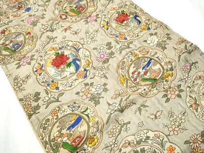 平和屋着物●アンティーク 大正ロマン 九寸名古屋帯 駒刺繍 絵皿花文 金糸 正絹 逸品 CABC5320hy