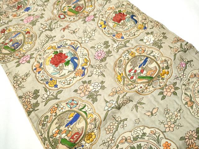 平和屋着物●アンティーク 大正ロマン 九寸名古屋帯 駒刺繍 絵皿花文 金糸 正絹 逸品 CABC5320hy