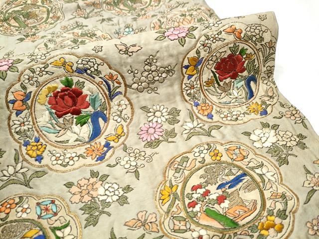 平和屋着物●アンティーク 大正ロマン 九寸名古屋帯 駒刺繍 絵皿花文 金糸 正絹 逸品 CABC5320hy