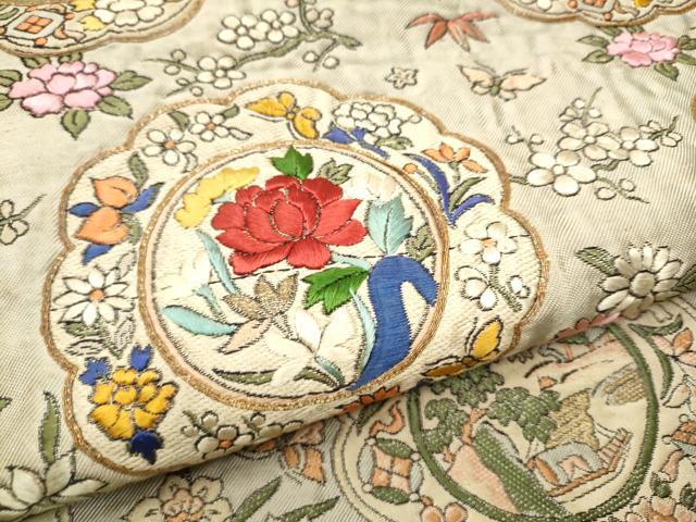 平和屋着物●アンティーク 大正ロマン 九寸名古屋帯 駒刺繍 絵皿花文 金糸 正絹 逸品 CABC5320hy