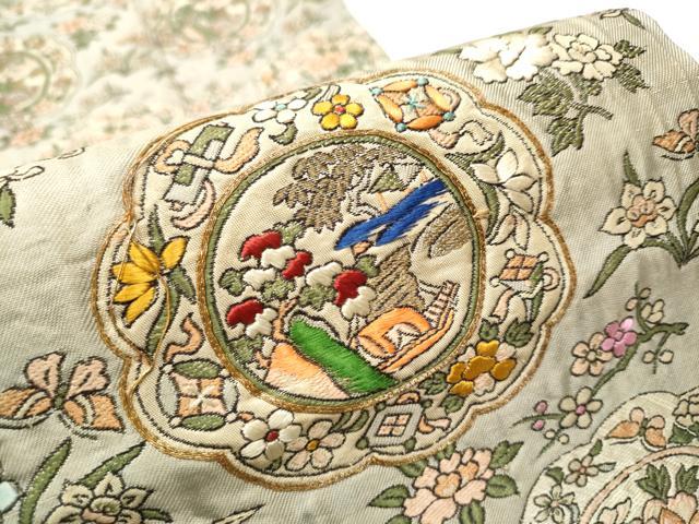 平和屋着物●アンティーク 大正ロマン 九寸名古屋帯 駒刺繍 絵皿花文 金糸 正絹 逸品 CABC5320hy