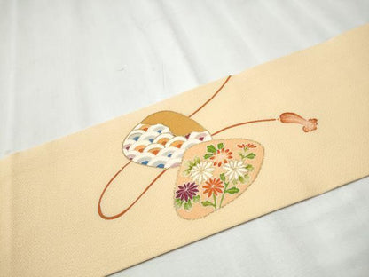 平和屋着物●九寸名古屋帯　刺繍　貝合わせ花文　金彩　鬼しぼ縮緬　正絹　逸品　CABC5324hy