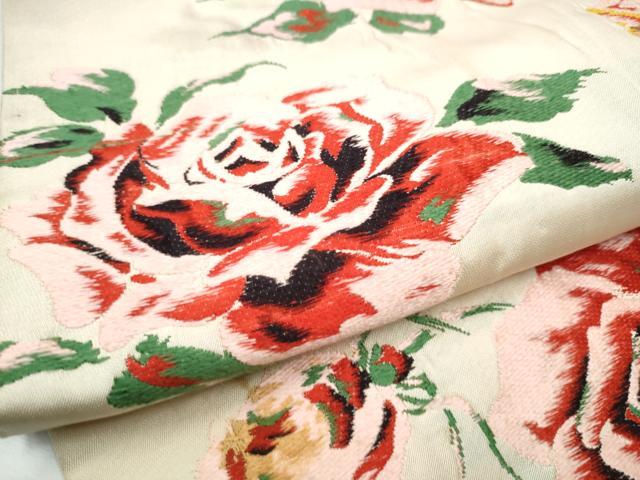平和屋着物●アンティーク 大正ロマン 九寸名古屋帯 唐織 薔薇 正絹 逸品 CABC5326hy