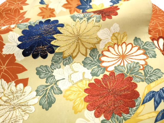 平和屋着物●アンティーク 大正ロマン 九寸名古屋帯 刺繍 草花文 金糸 正絹 逸品 CABC5327hy