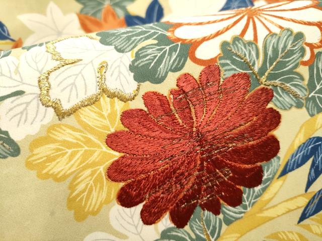 平和屋着物●アンティーク 大正ロマン 九寸名古屋帯 刺繍 草花文 金糸 正絹 逸品 CABC5327hy