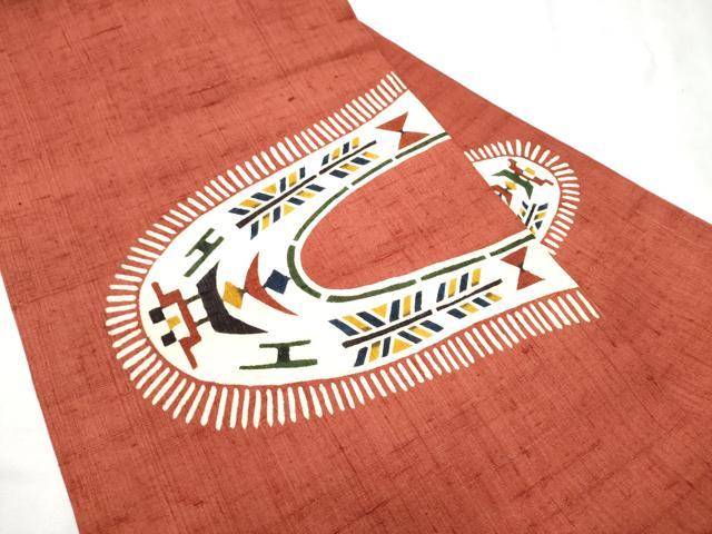 平和屋着物●九寸名古屋帯 生紬 型染め 幾何学文様 正絹 逸品 CABC5331hy