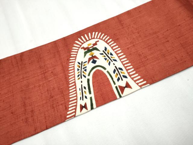 平和屋着物●九寸名古屋帯 生紬 型染め 幾何学文様 正絹 逸品 CABC5331hy