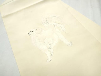 平和屋着物●塩瀬 九寸名古屋帯 手描き 犬 正絹 逸品 CABC5336hy