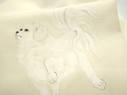 平和屋着物●塩瀬 九寸名古屋帯 手描き 犬 正絹 逸品 CABC5336hy