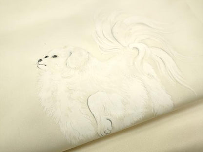 平和屋着物●塩瀬 九寸名古屋帯 手描き 犬 正絹 逸品 CABC5336hy