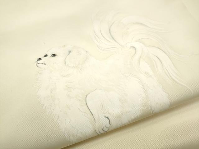 平和屋着物●塩瀬 九寸名古屋帯 手描き 犬 正絹 逸品 CABC5336hy
