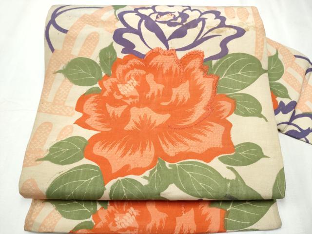 平和屋着物●アンティーク 大正ロマン 九寸名古屋帯 刺繍 桧扇花文 正絹 逸品 CABC5337hy