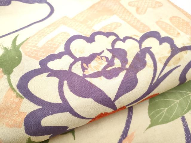 平和屋着物●アンティーク 大正ロマン 九寸名古屋帯 刺繍 桧扇花文 正絹 逸品 CABC5337hy