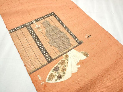 平和屋着物●八寸名古屋帯 作家物 蓑虫 紬地 人物文 正絹 逸品 CABC5343hy