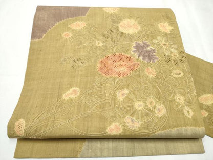 平和屋着物●中国三大刺繍 スワトウ相良刺繍 総刺繍 九寸名古屋帯 紬地 絞り 花車文 正絹 逸品 CABC5345hy