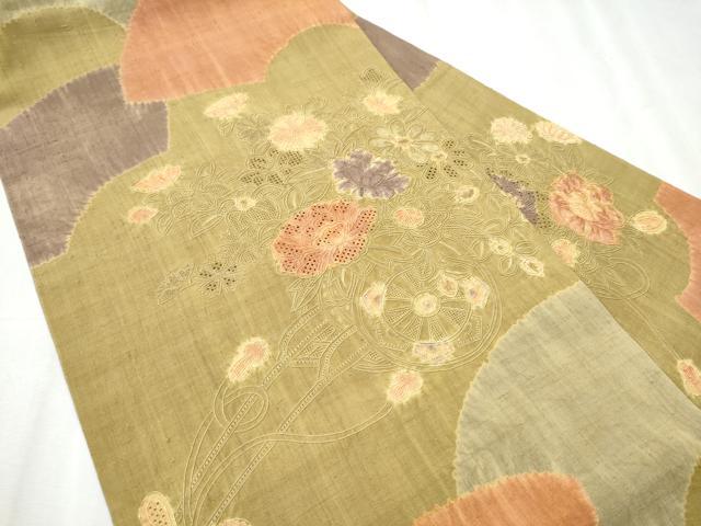 平和屋着物●中国三大刺繍 スワトウ相良刺繍 総刺繍 九寸名古屋帯 紬地 絞り 花車文 正絹 逸品 CABC5345hy