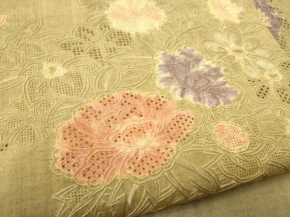平和屋着物●中国三大刺繍 スワトウ相良刺繍 総刺繍 九寸名古屋帯 紬地 絞り 花車文 正絹 逸品 CABC5345hy