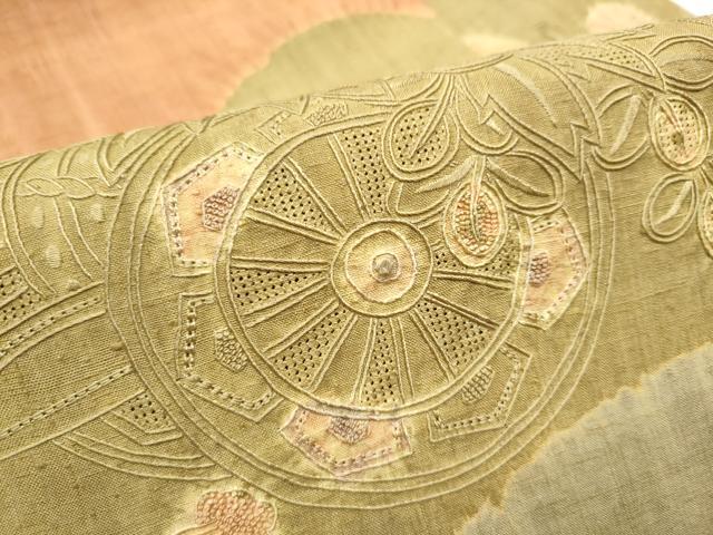 平和屋着物●中国三大刺繍 スワトウ相良刺繍 総刺繍 九寸名古屋帯 紬地 絞り 花車文 正絹 逸品 CABC5345hy