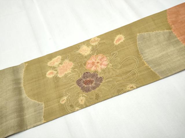 平和屋着物●中国三大刺繍 スワトウ相良刺繍 総刺繍 九寸名古屋帯 紬地 絞り 花車文 正絹 逸品 CABC5345hy