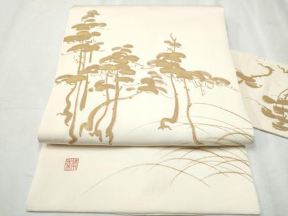 平和屋着物●日本工芸会正会員 清水光美 塩瀬 九寸名古屋帯 枝松文 金彩 正絹 逸品 CABC5347hy