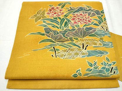 平和屋着物●九寸名古屋帯 ろうけつ染 草花文 正絹 逸品 CABC5348hy