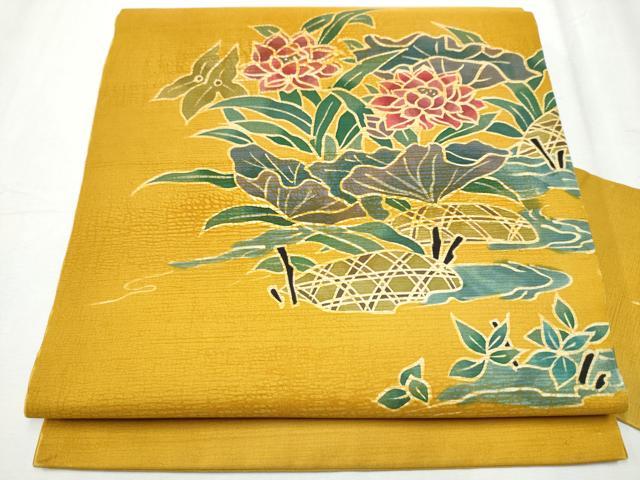 平和屋着物●九寸名古屋帯 ろうけつ染 草花文 正絹 逸品 CABC5348hy